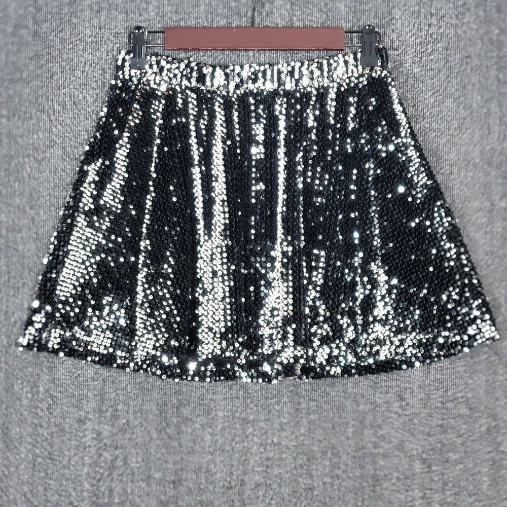 JOA Los Angeles Mini Skirt Womens M Black Silver Sequin Pull-On Flared Skater